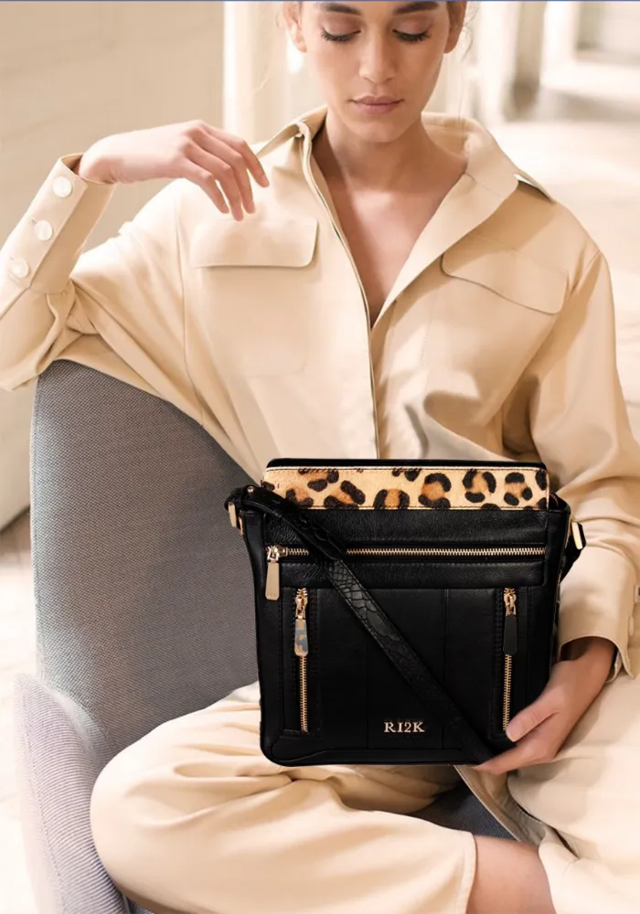 Black with Leopard Hair On Hunter Sling Bag