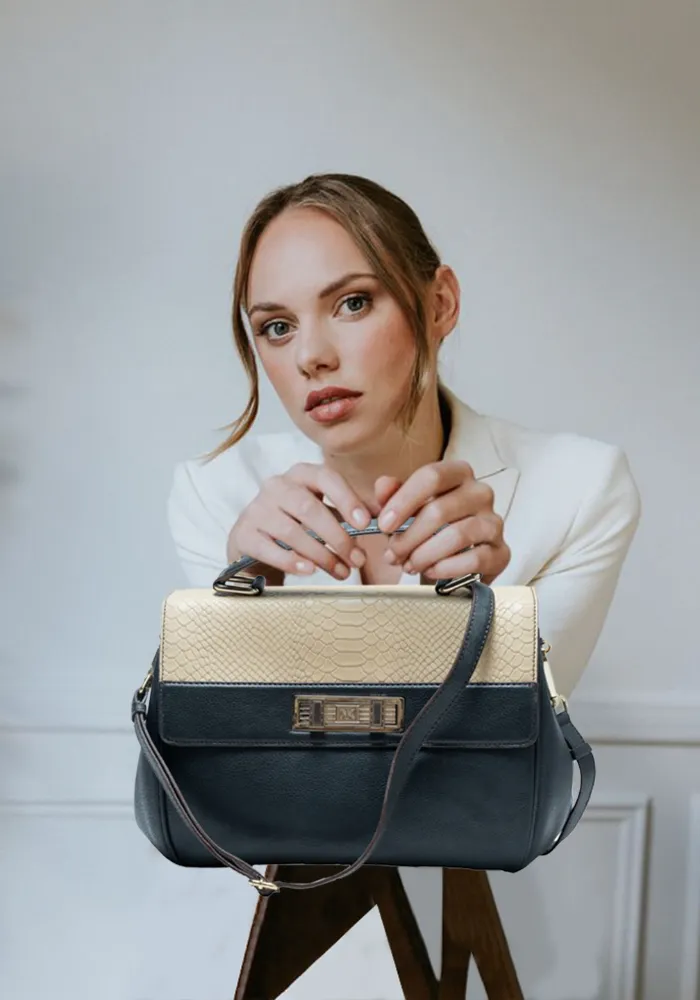 Black and Beige Handbag With Twist Lock
