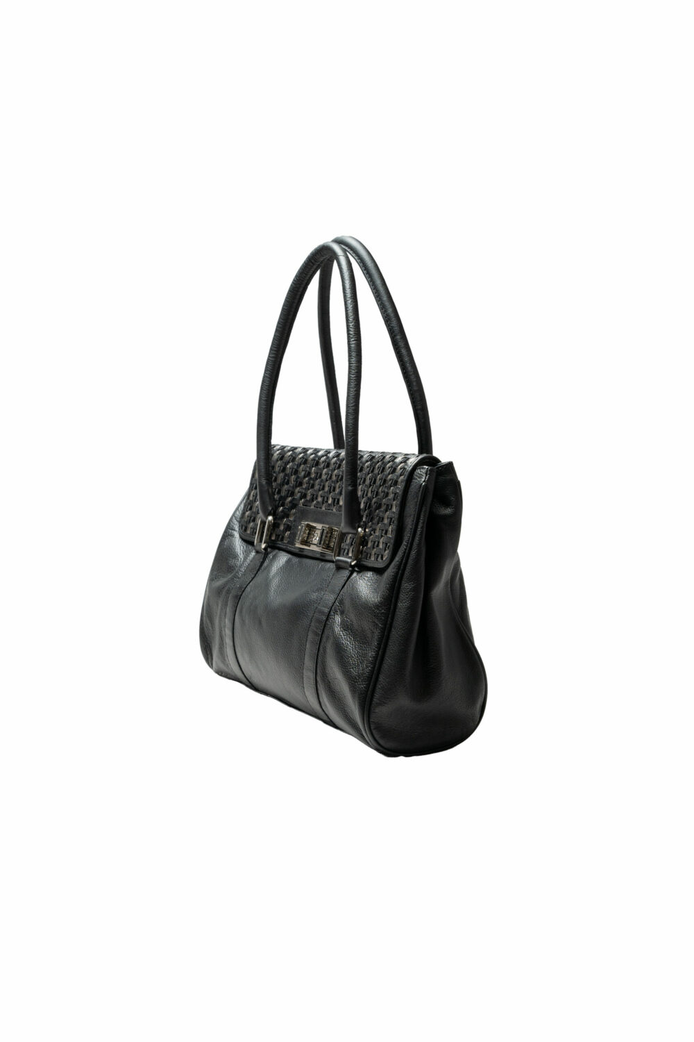 Black with Silver Pleating Shoulder Bag - Image 3