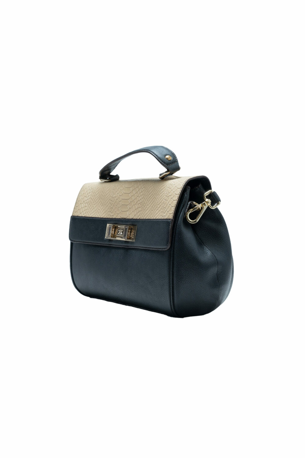 Black and Beige Handbag With Twist Lock - Image 5