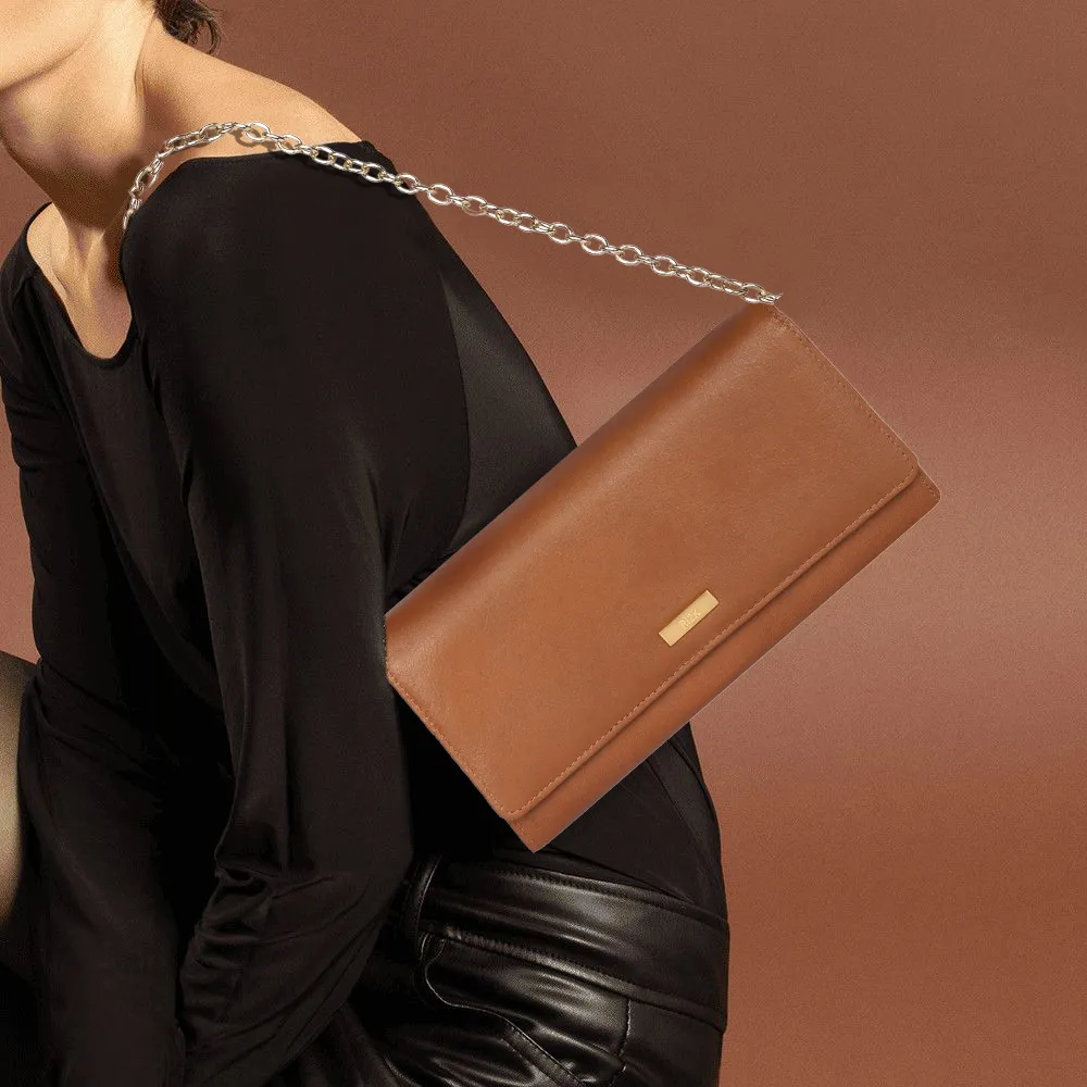 Tan Flap Purse With Chain