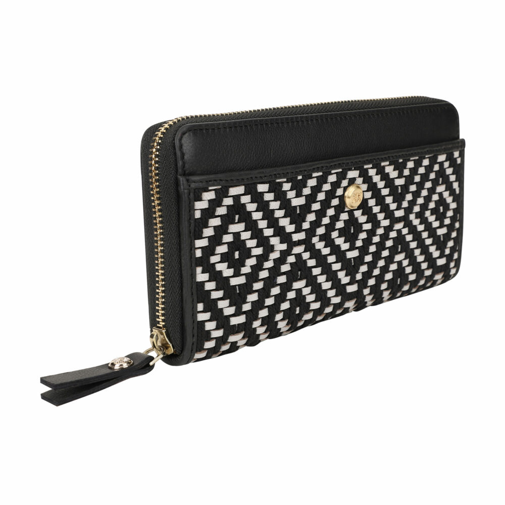 Black and White Genuine Leather Weave Zip Around Purse - Image 3