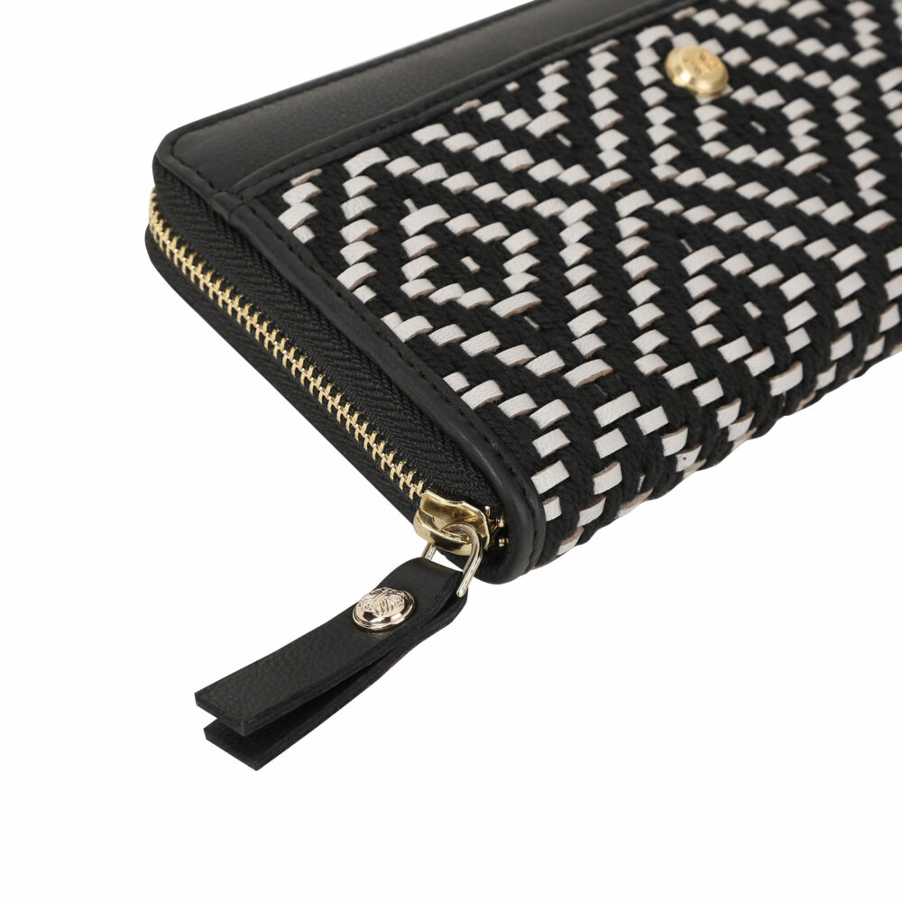 Black and White Genuine Leather Weave Zip Around Purse - Image 4