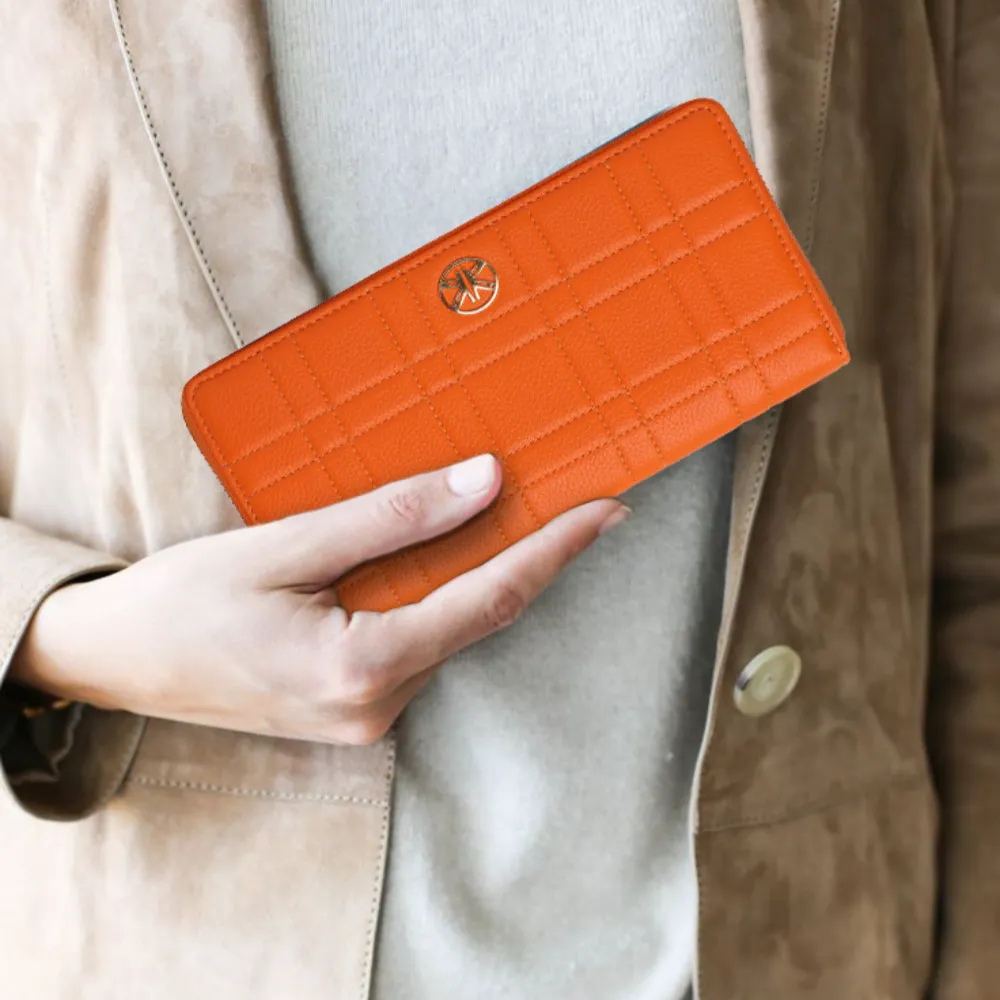 Orange Square Quilted Zip Around Purse